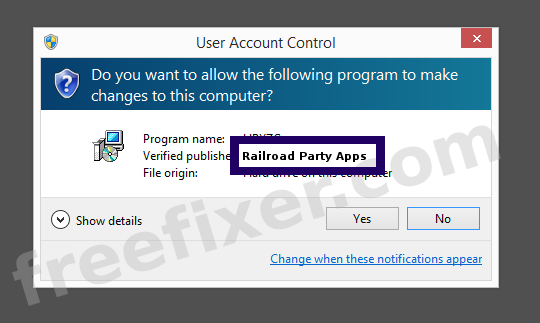 Screenshot where Railroad Party Apps appears as the verified publisher in the UAC dialog